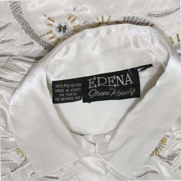 XS/S Vintage Erena by Irene Koenig Satin Blouse Ivory Embellished Yoke - Picture 3 of 16